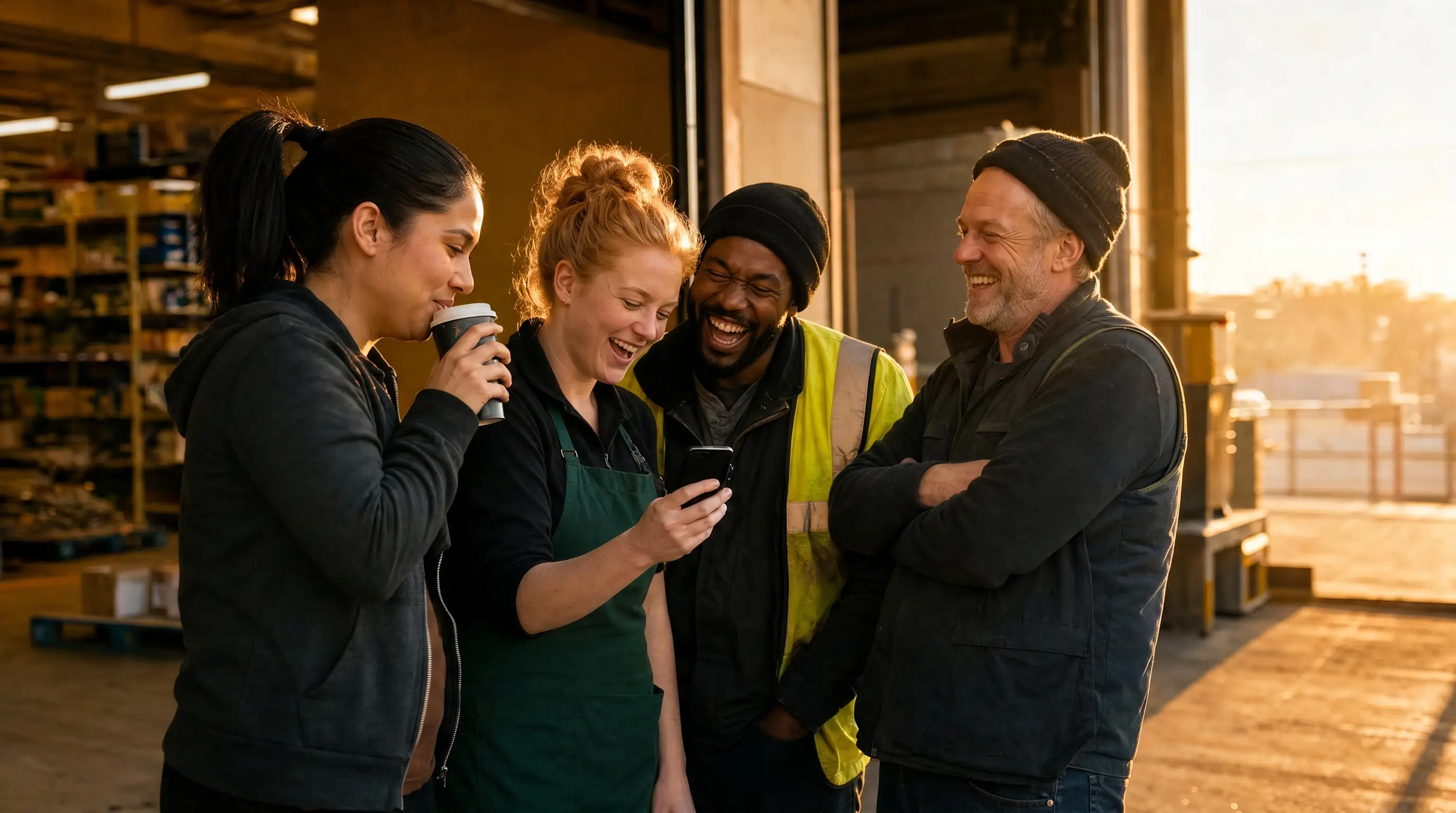 A frontline crew laughing together over a moment on a phone at the end of a shift
